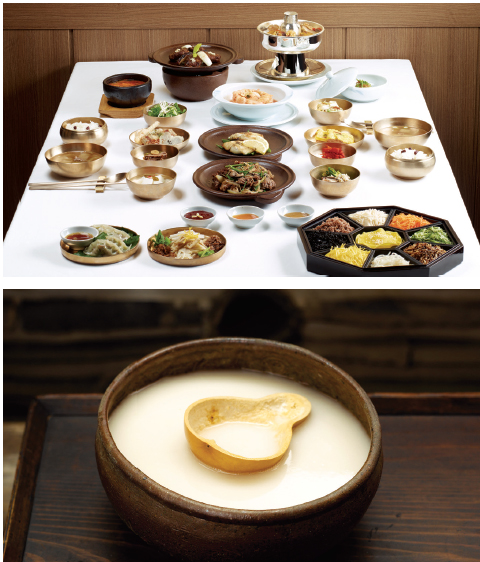 1.Hanjeongsik (Korean table d’hote)-This traditional Korean-style full-course meal typically consists of a separate appetizer, a staple food mainly made of grains, an assortment of side dishes, and dessert. This meal is often divided into subgroups according to the number of side dishes added: 3 cheop, 5 cheop, 7 cheop, 9 cheop, and 12 cheop bansang, 2.Makgeolli-Makgeolli is a traditional Korean rice wine, made by fermenting steamed rice, barley, or wheat mixed with nuruk, a traditional Korean fermentation starter.