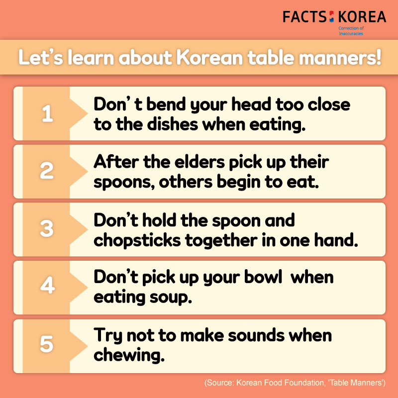 Let's learn about Korean table manners! 1 : Don't bend your head too close to the dishes when eating. 2 : After the elders pick up their spoons, others begin to eat. 3 : Don't hold the spoon and chopsticks together in one hand. 4 : Don't pick up your bowl when eating soup. 5 : Try not to make sounds when chewing.