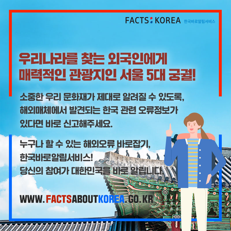 우리나라를 찾는 외국인에게 매력적인 관광지인 서울 5대 궁궐! 소중한 우리 문화재가 제대로 알려질 수 있도록, 해외매체에서 발견되는 한국 관련 오류정보가 있다면 바로 신고해주세요. 누구나 할 수 있는 해외오류 바로잡기, 한국바로알림서비스! 당신의 참여가 대한민국을 바로알립니다. WWW.FACTSAVOUTKOREA.GO.KR